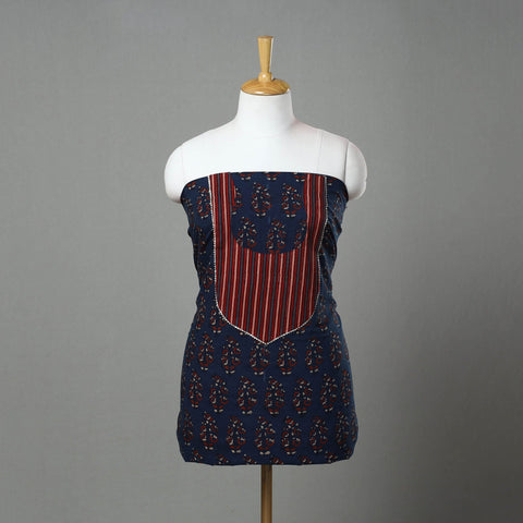 Blue - Ajrakh Print Cotton Patchwork Kurta Material (3m) 04