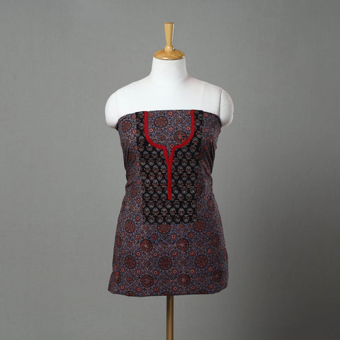 Blue Ajrakh Print Cotton Patchwork Kurta Material (3m)