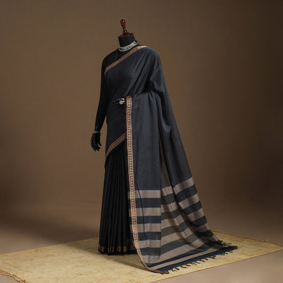 Blue - cotton plain saree with thread border 01