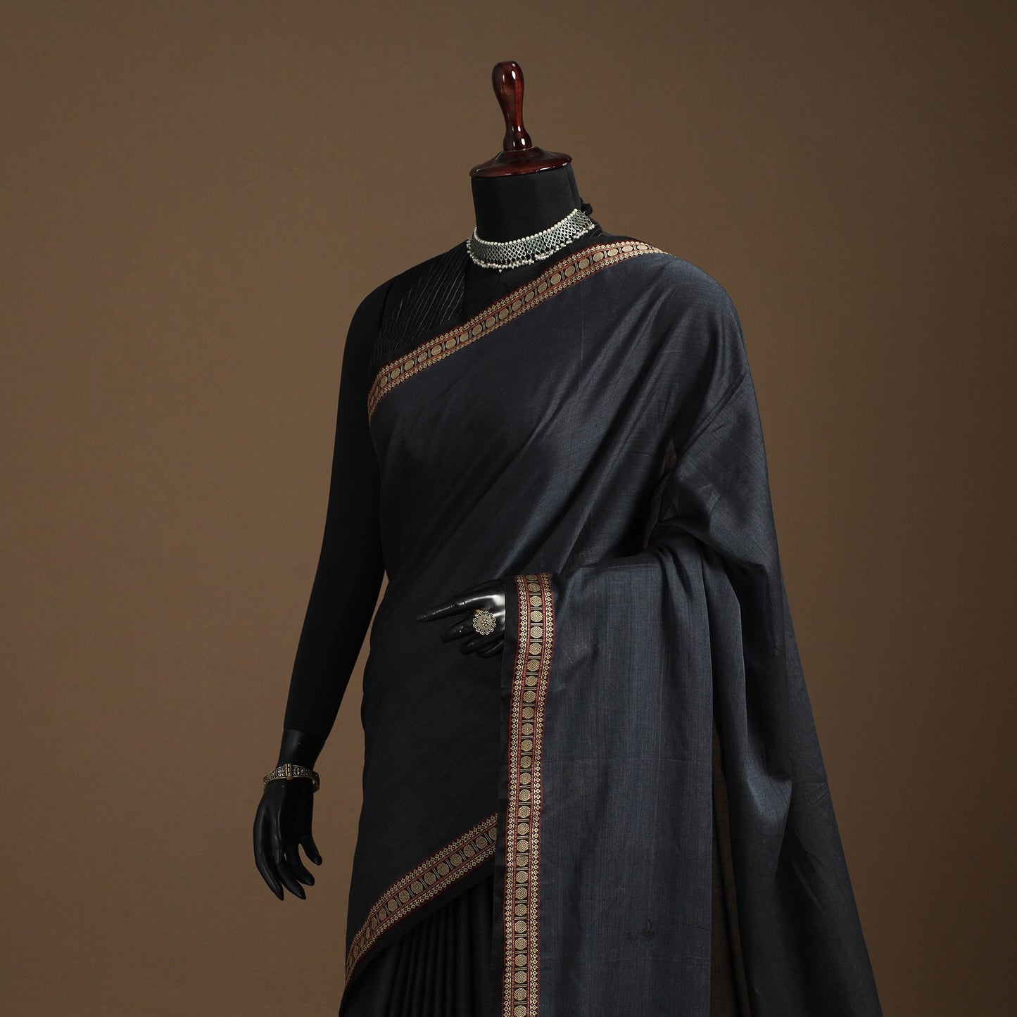 Blue - cotton plain saree with thread border 01