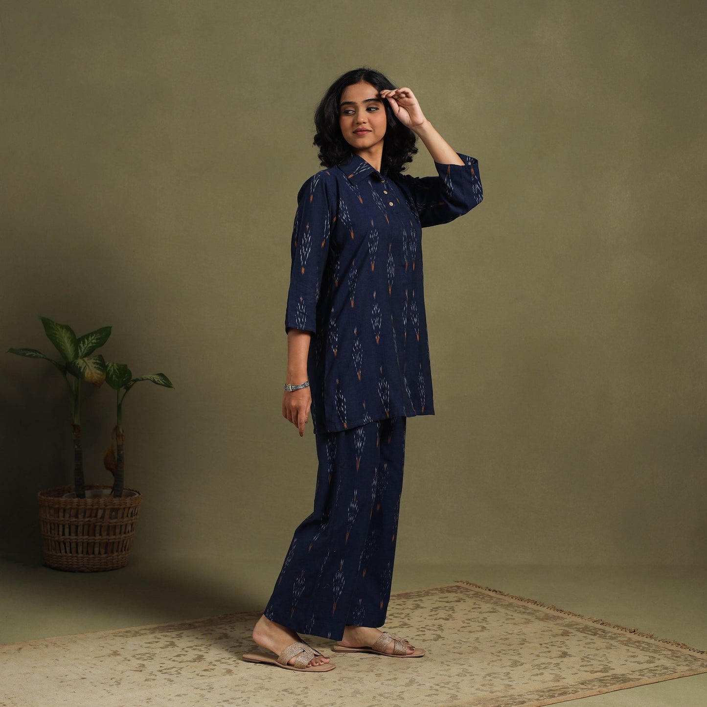Blue Cotton Pochampally Ikat Night Suit Set