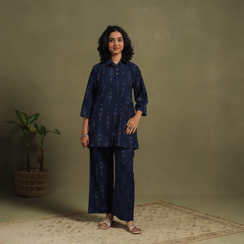 Blue Cotton Pochampally Ikat Night Suit Set