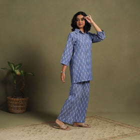 Blue Cotton Pochampally Ikat Night Suit Set