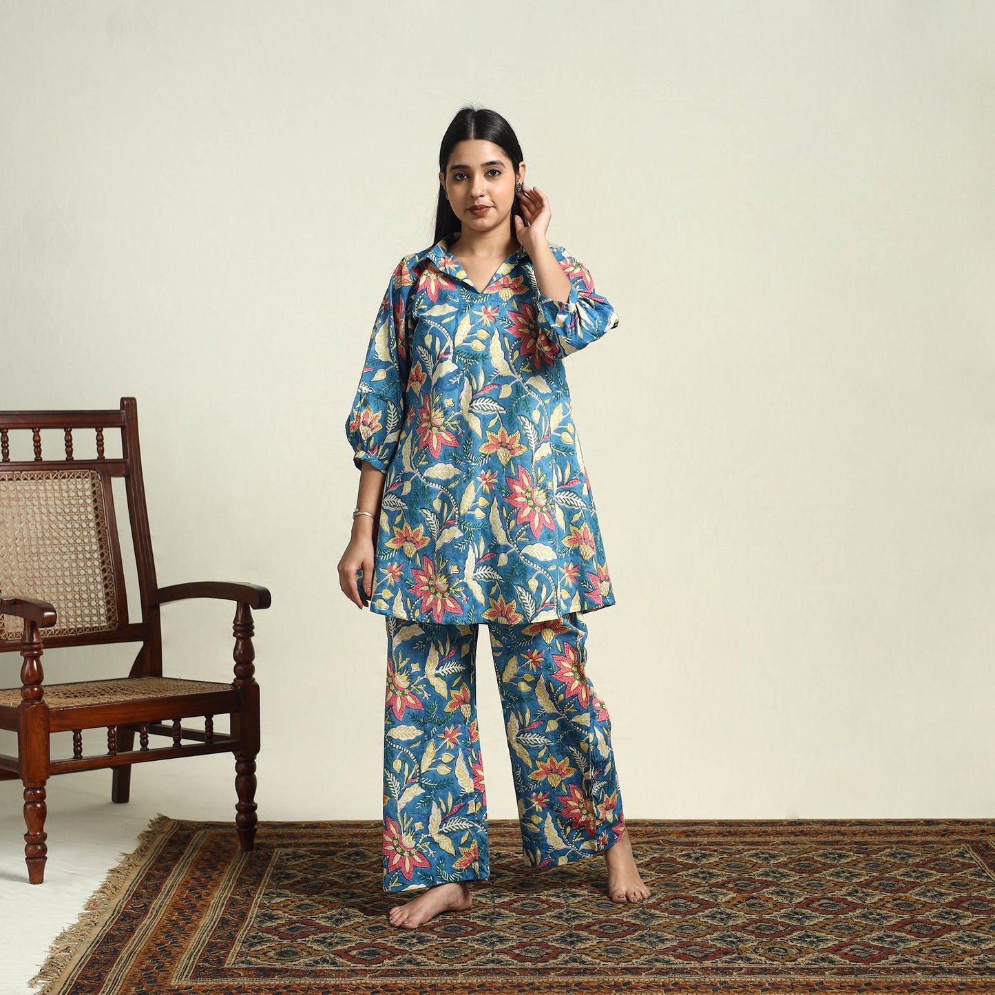 Blue Cotton Sanganeri Block Print Night Suit Set 