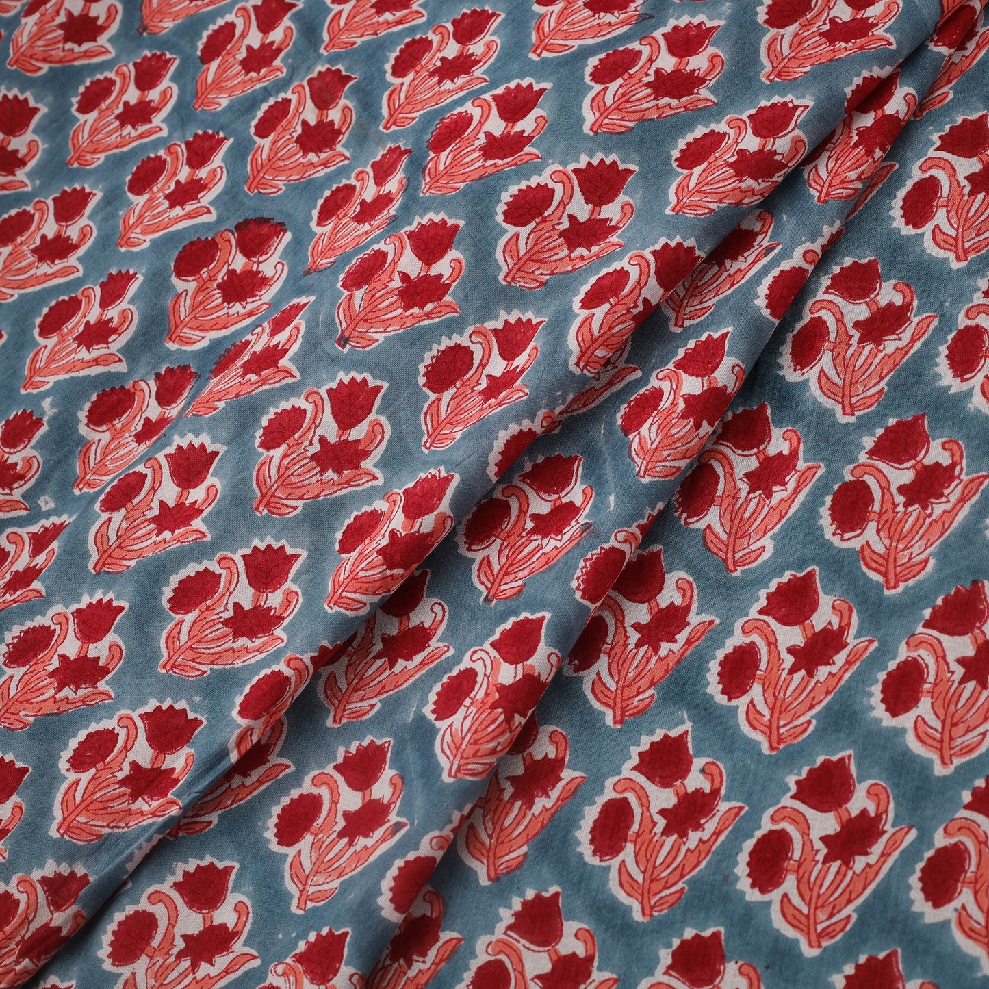 Red Block Print Cotton Sanganeri Fabric