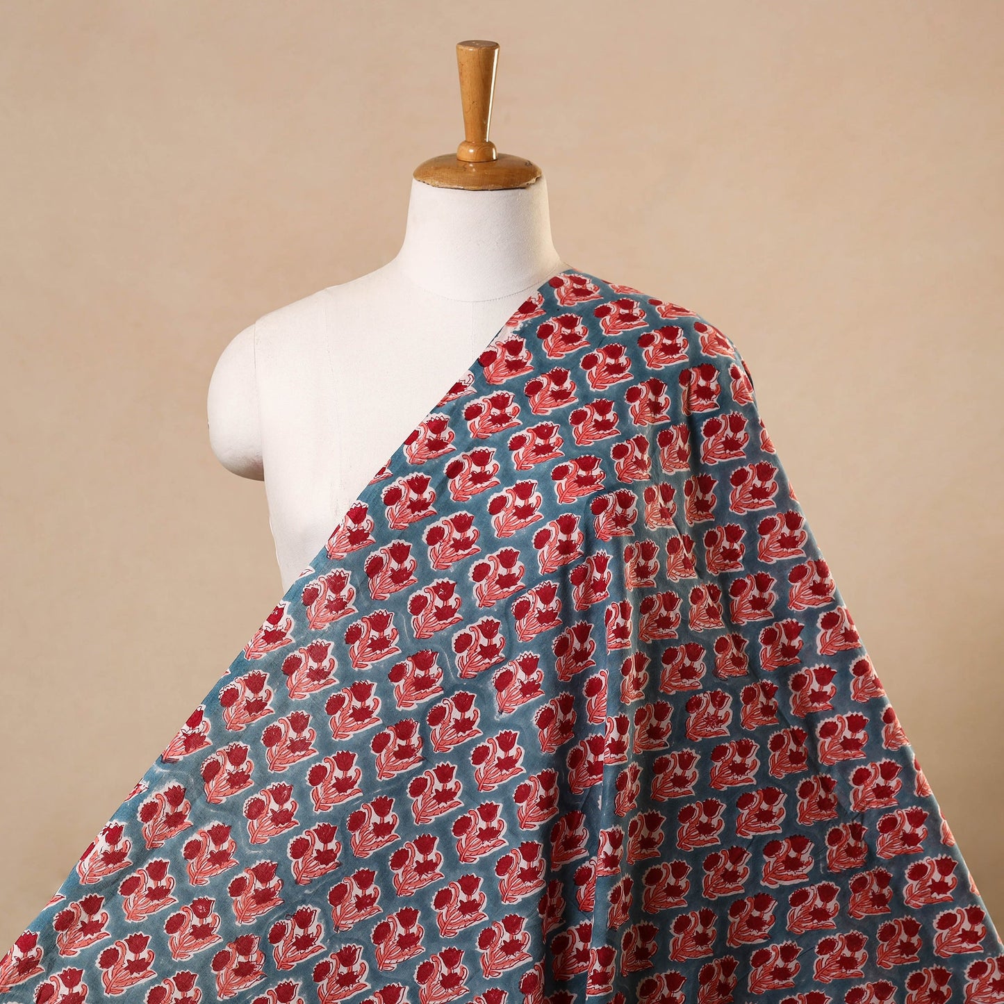 Red Block Print Cotton Sanganeri Fabric