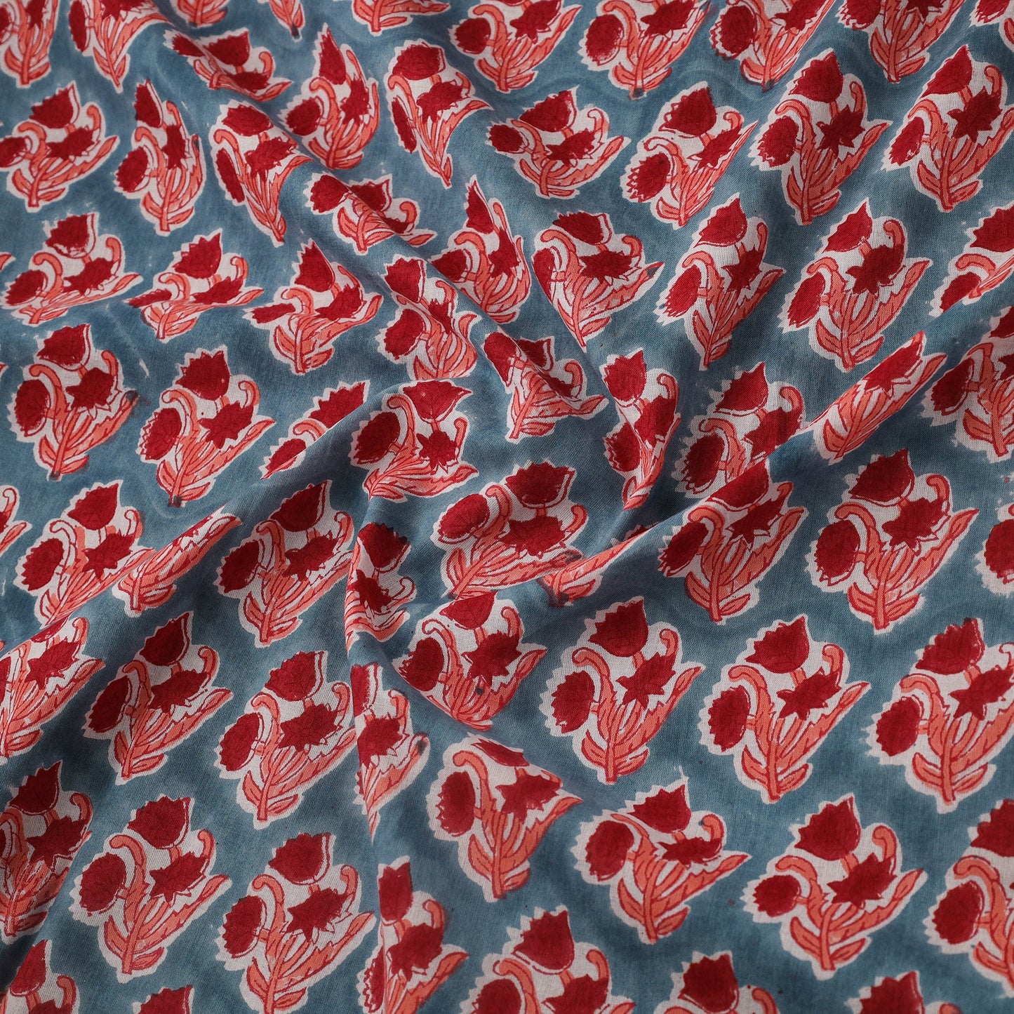 Red Block Print Cotton Sanganeri Fabric