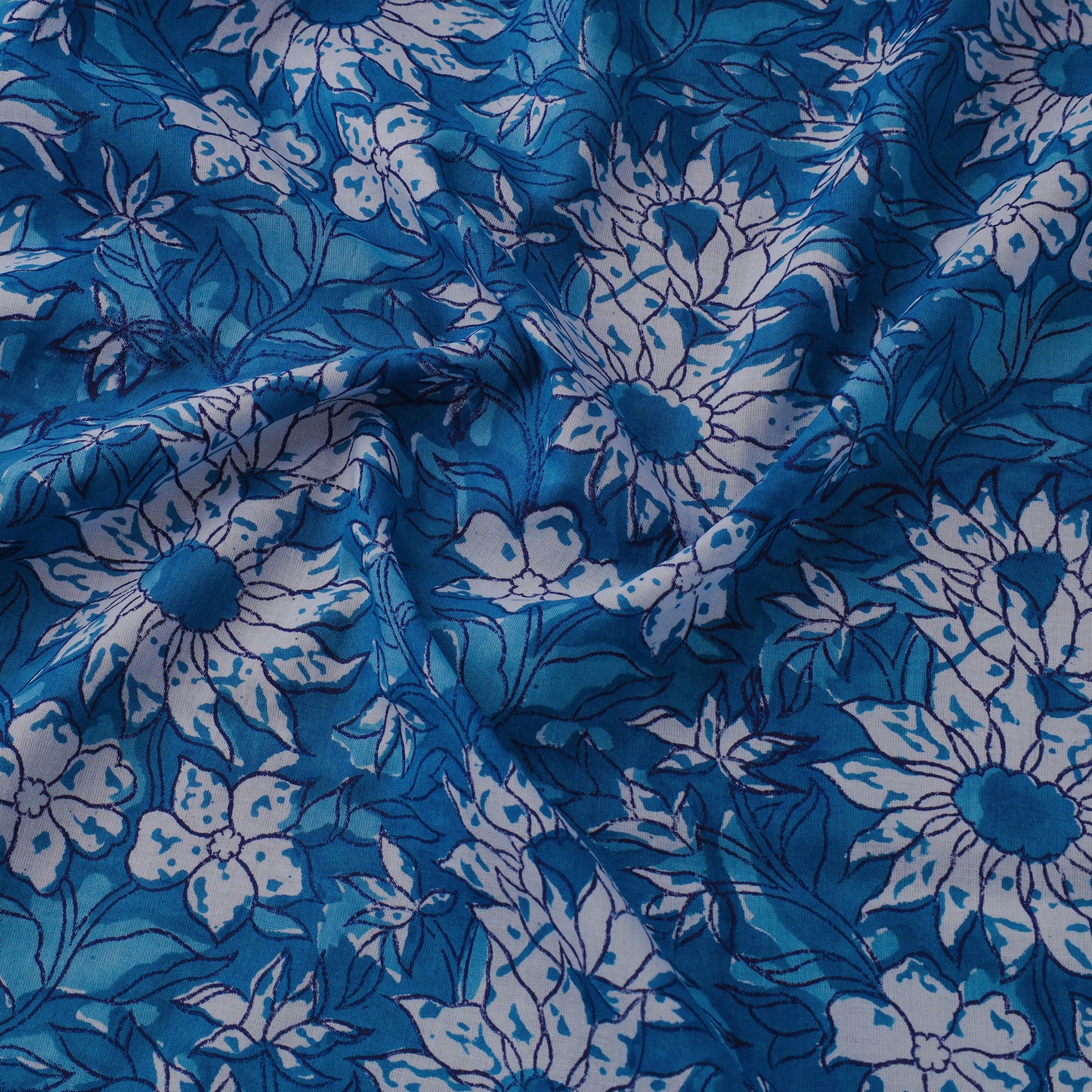 Blue Block Print Cotton Sanganeri Fabric