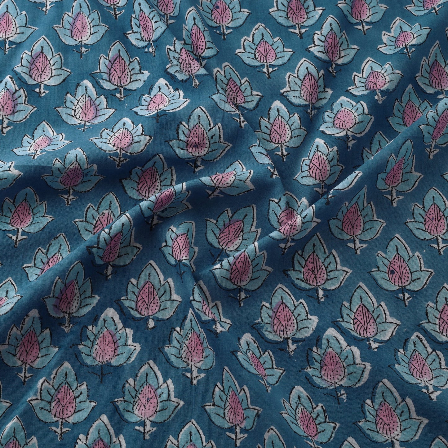 Blue Block Print Cotton Sanganeri Fabric