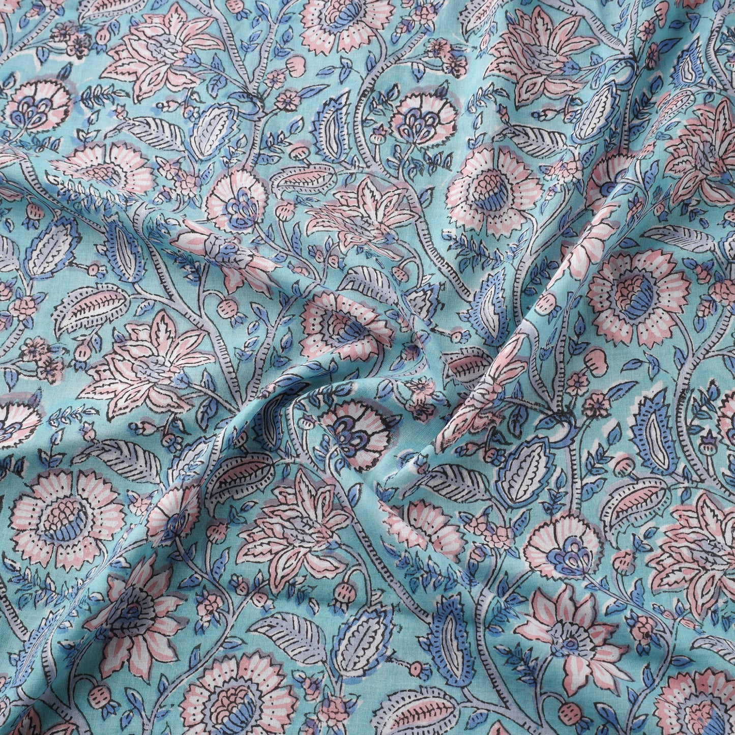 Blue Block Print Cotton Sanganeri Fabric
