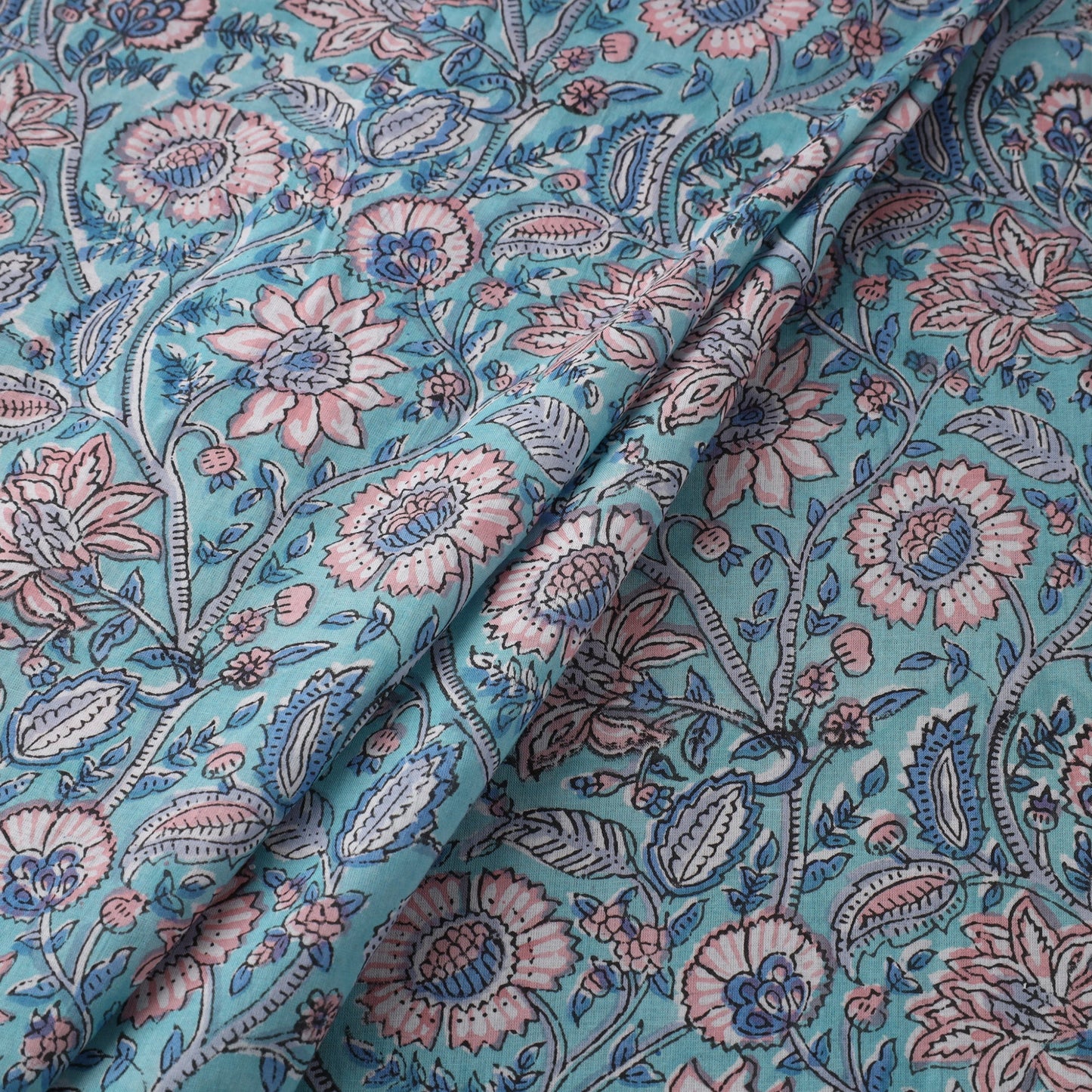 Blue Block Print Cotton Sanganeri Fabric