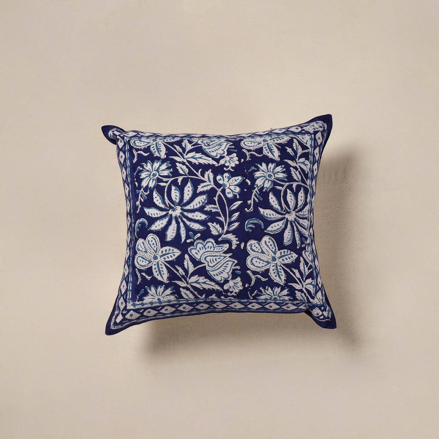 Blue - cotton sanganeri floral cushion cover (16 x 16 in)