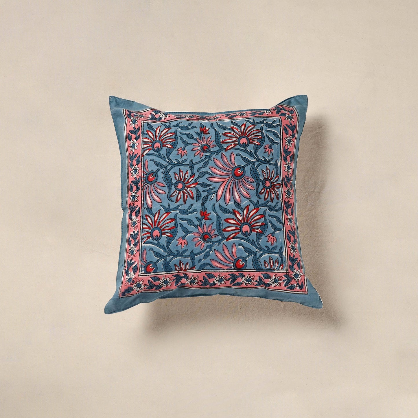 Blue - cotton sanganeri floral cushion cover (16 x 16 in)