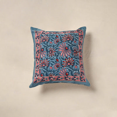Blue - cotton sanganeri floral cushion cover (16 x 16 in)