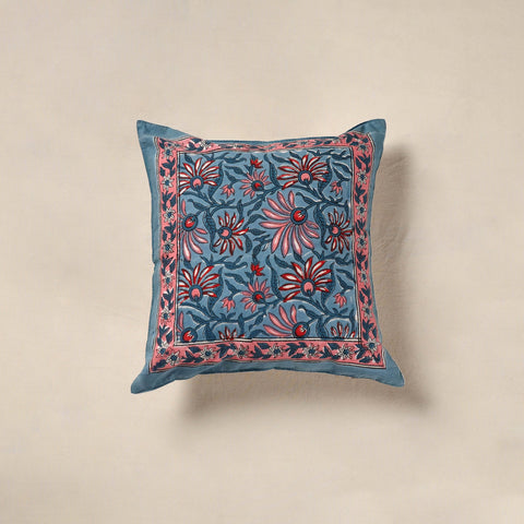 Blue - cotton sanganeri floral cushion cover (16 x 16 in)
