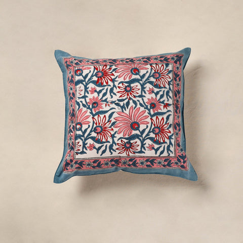 Blue - cotton sanganeri floral cushion cover (16 x 16 in)