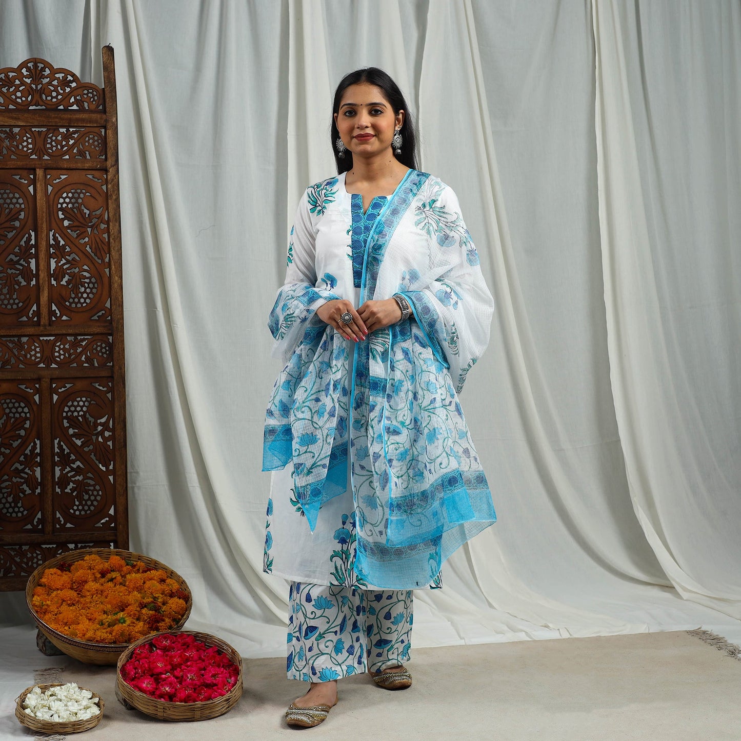 Buy Blue Block Print Cotton Sanganeri Kurta Set