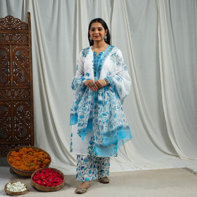 Buy Blue Block Print Cotton Sanganeri Kurta Set