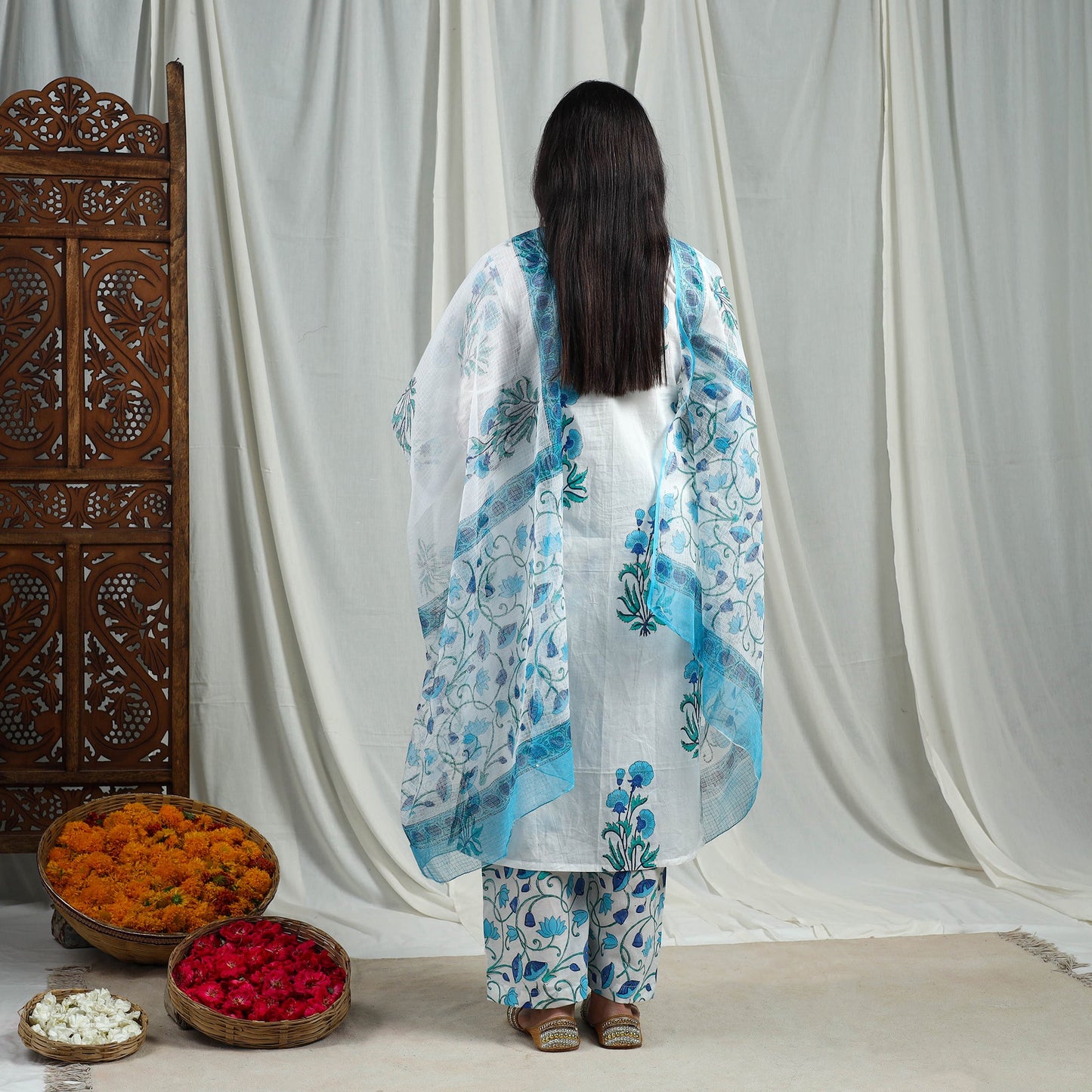 Buy Blue Block Print Cotton Sanganeri Kurta Set