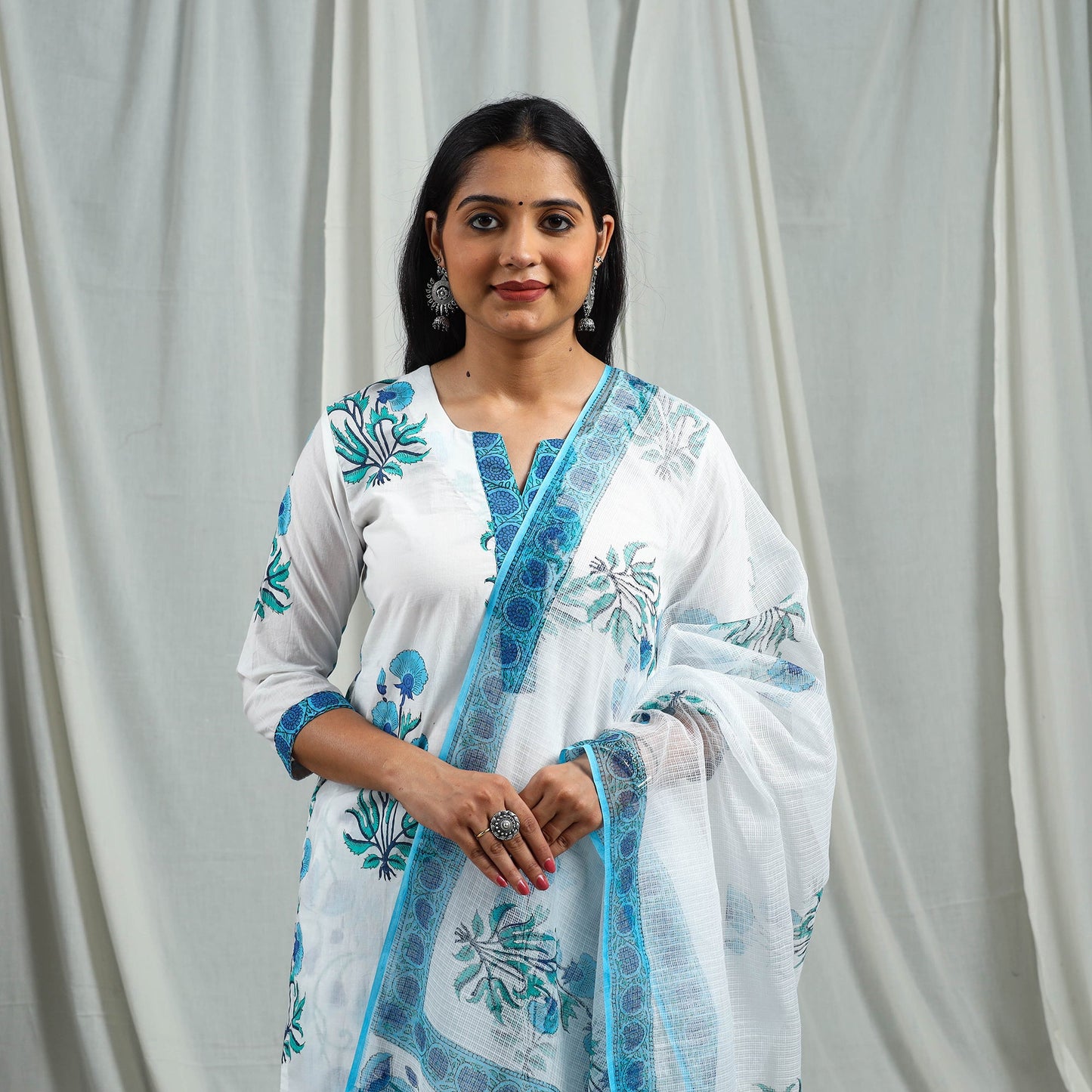 Buy Blue Block Print Cotton Sanganeri Kurta Set