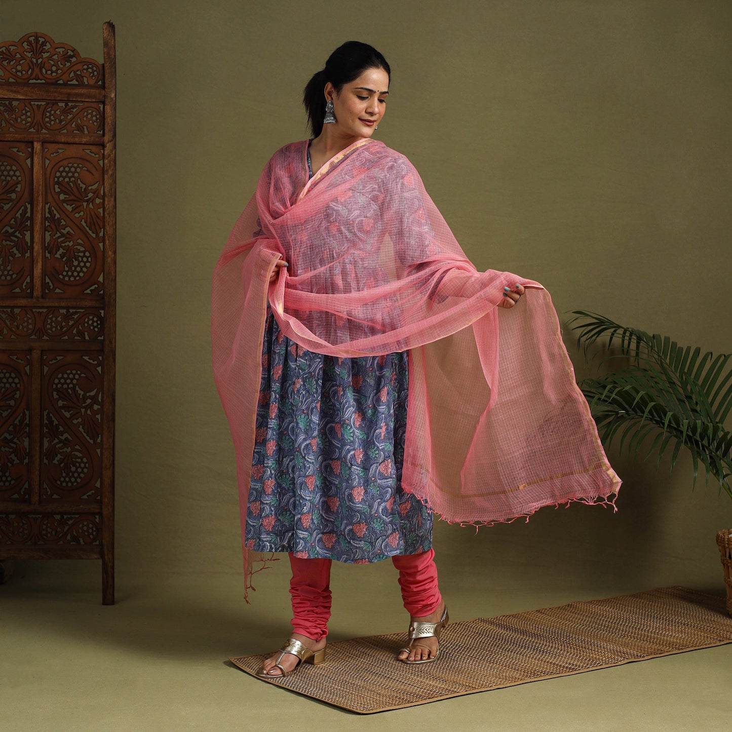  Blue Block Print Cotton Sanganeri Kurta Set (Set of 3)