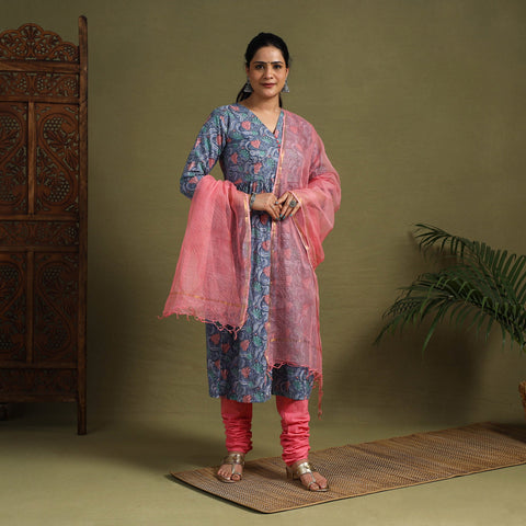  Blue Block Print Cotton Sanganeri Kurta Set (Set of 3)