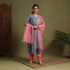  Blue Block Print Cotton Sanganeri Kurta Set (Set of 3)