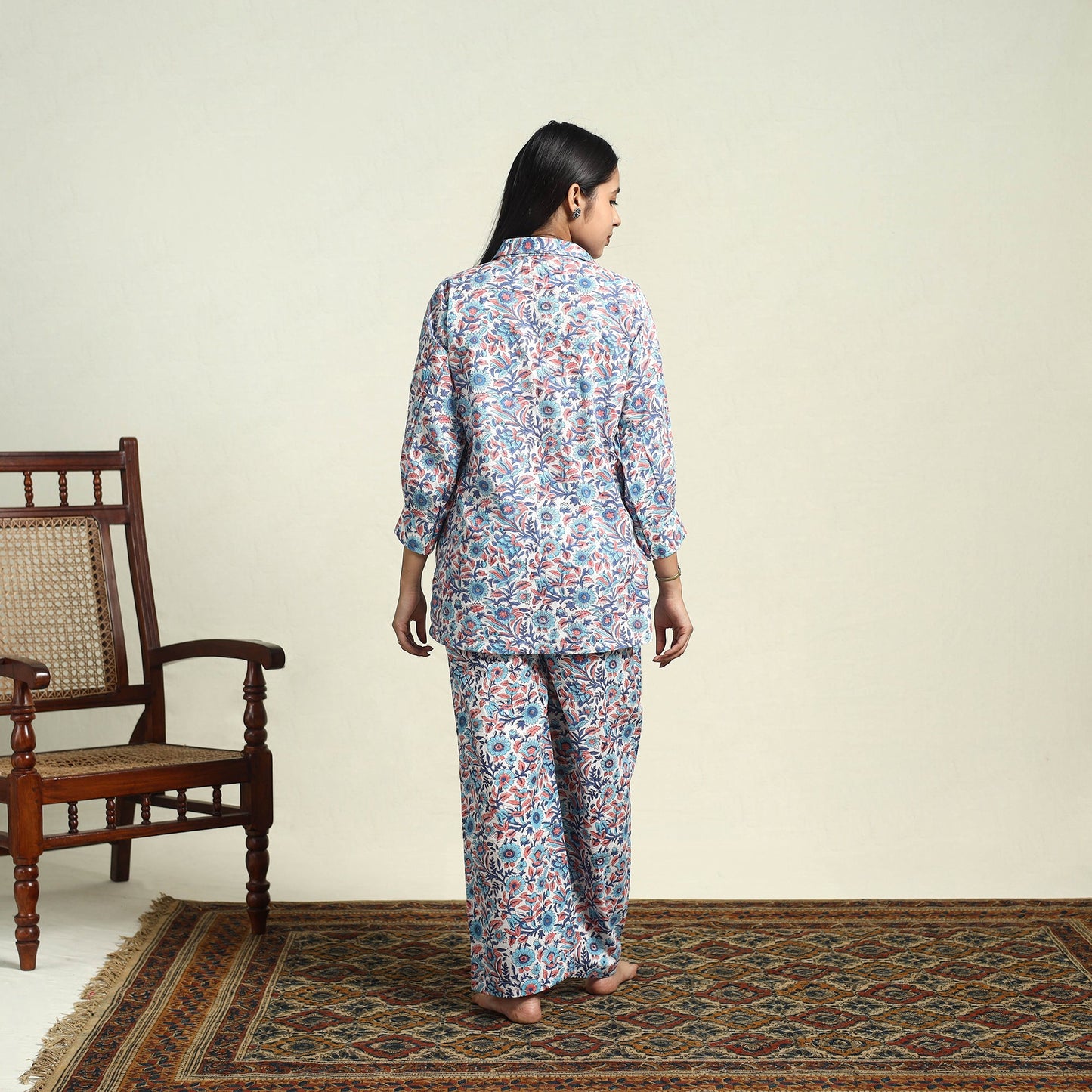 Blue Cotton Sanganeri Block Print Night Suit Set 