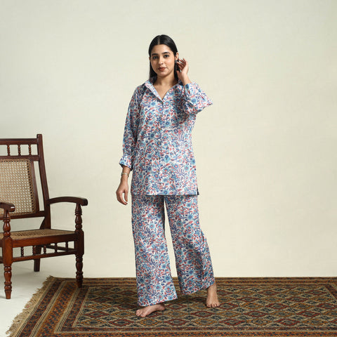 Blue Cotton Sanganeri Block Print Night Suit Set 