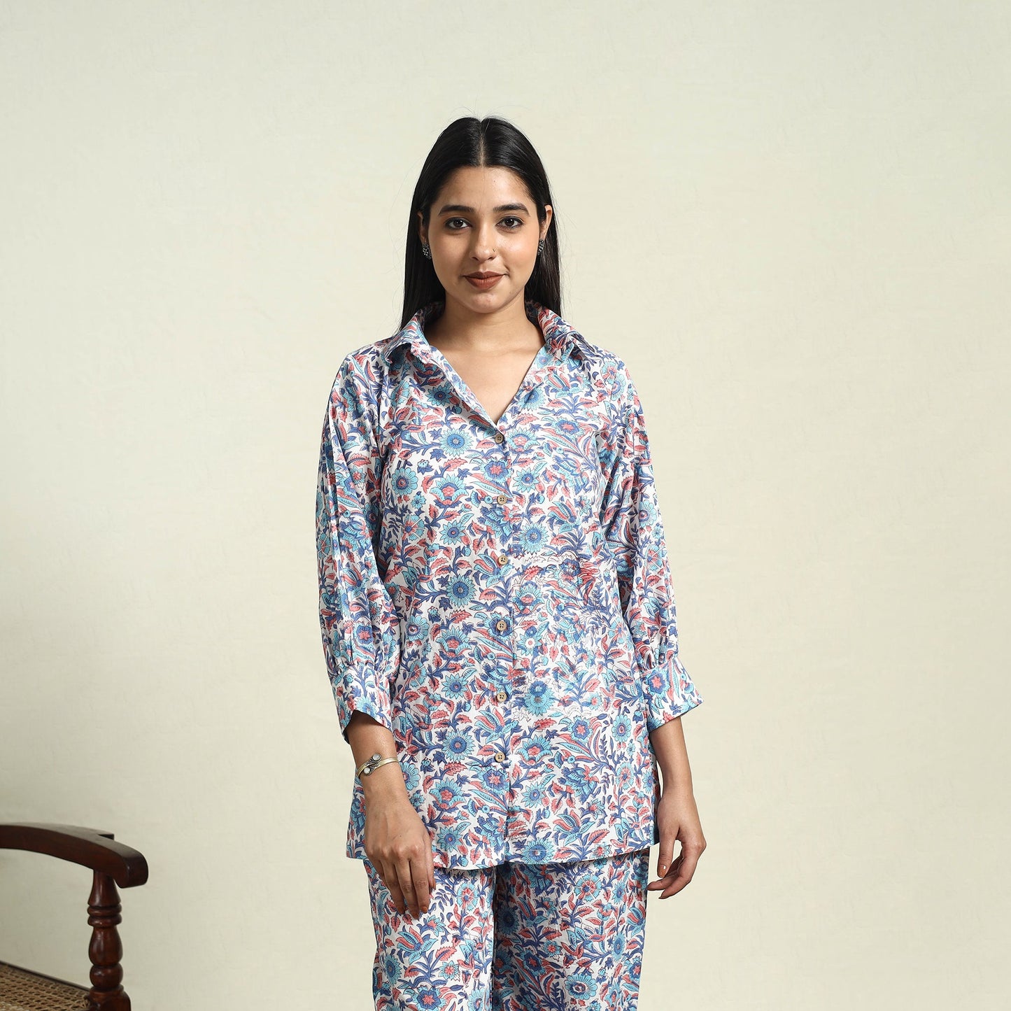 Blue Cotton Sanganeri Block Print Night Suit Set 