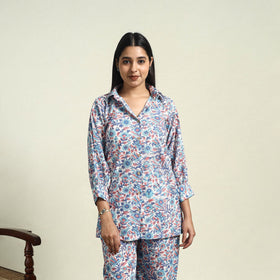 Blue Cotton Sanganeri Block Print Night Suit Set 