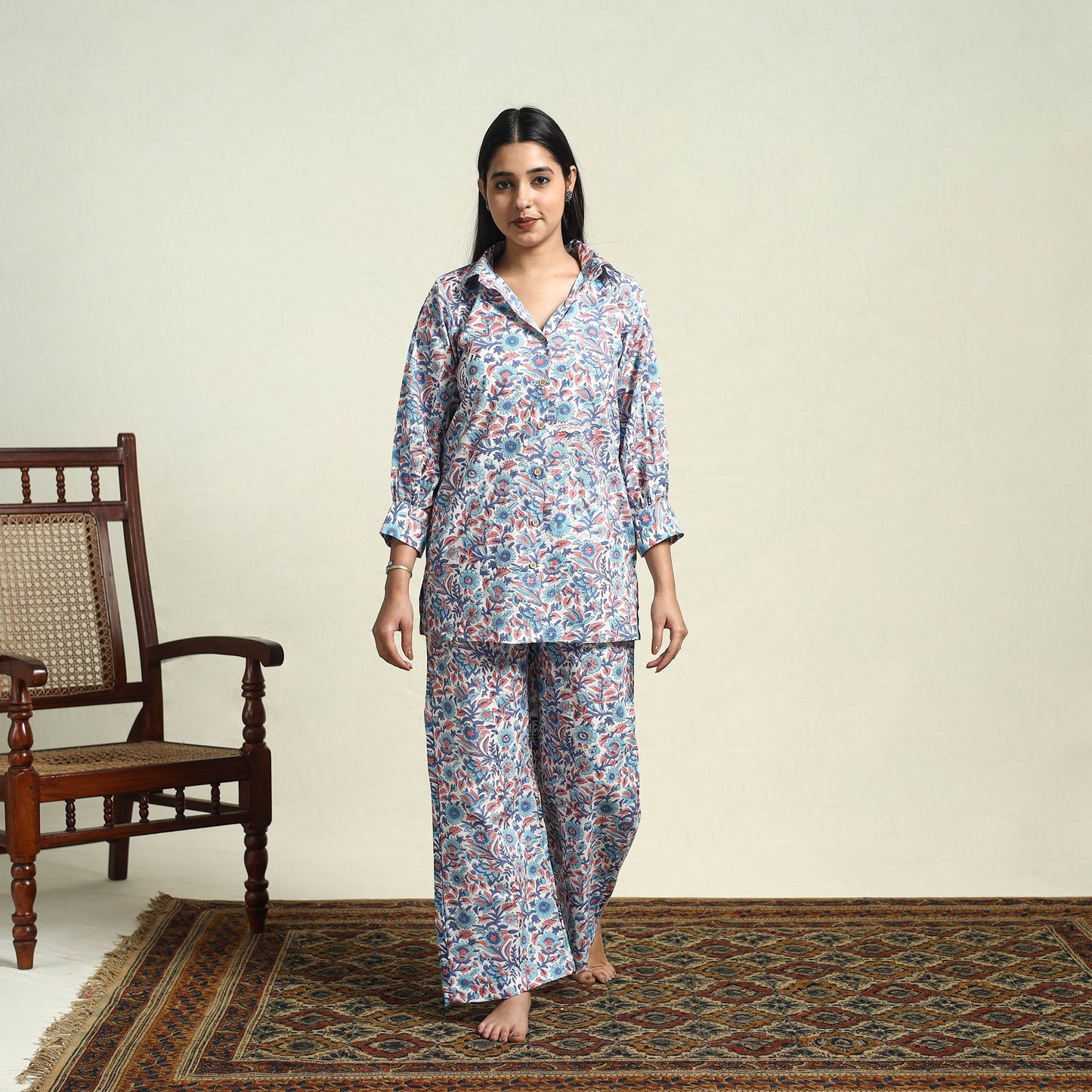Blue Cotton Sanganeri Block Print Night Suit Set 