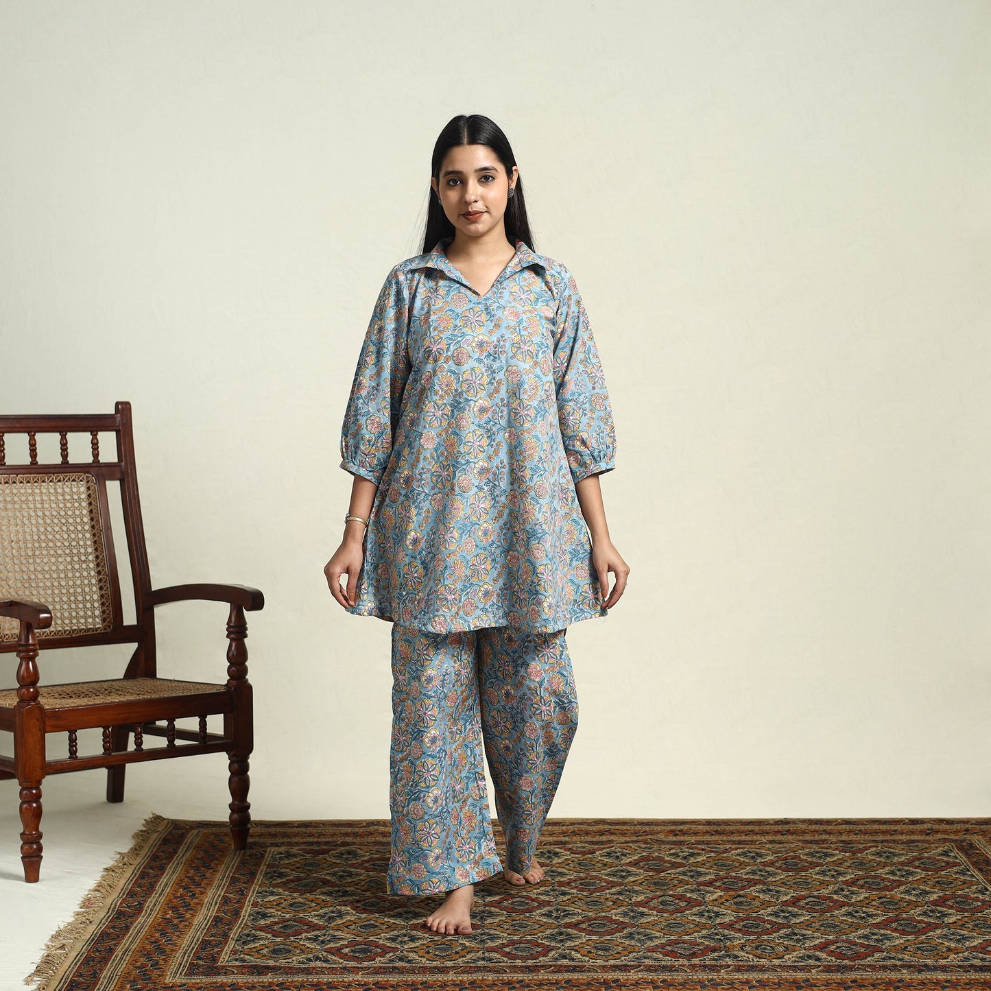  Cotton Blue Sanganeri Block Print Night Suit Set Online 