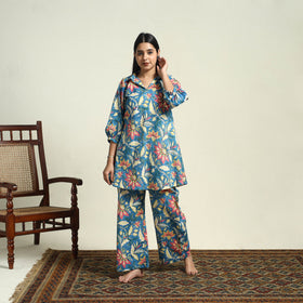 Blue Cotton Sanganeri Block Print Night Suit Set 