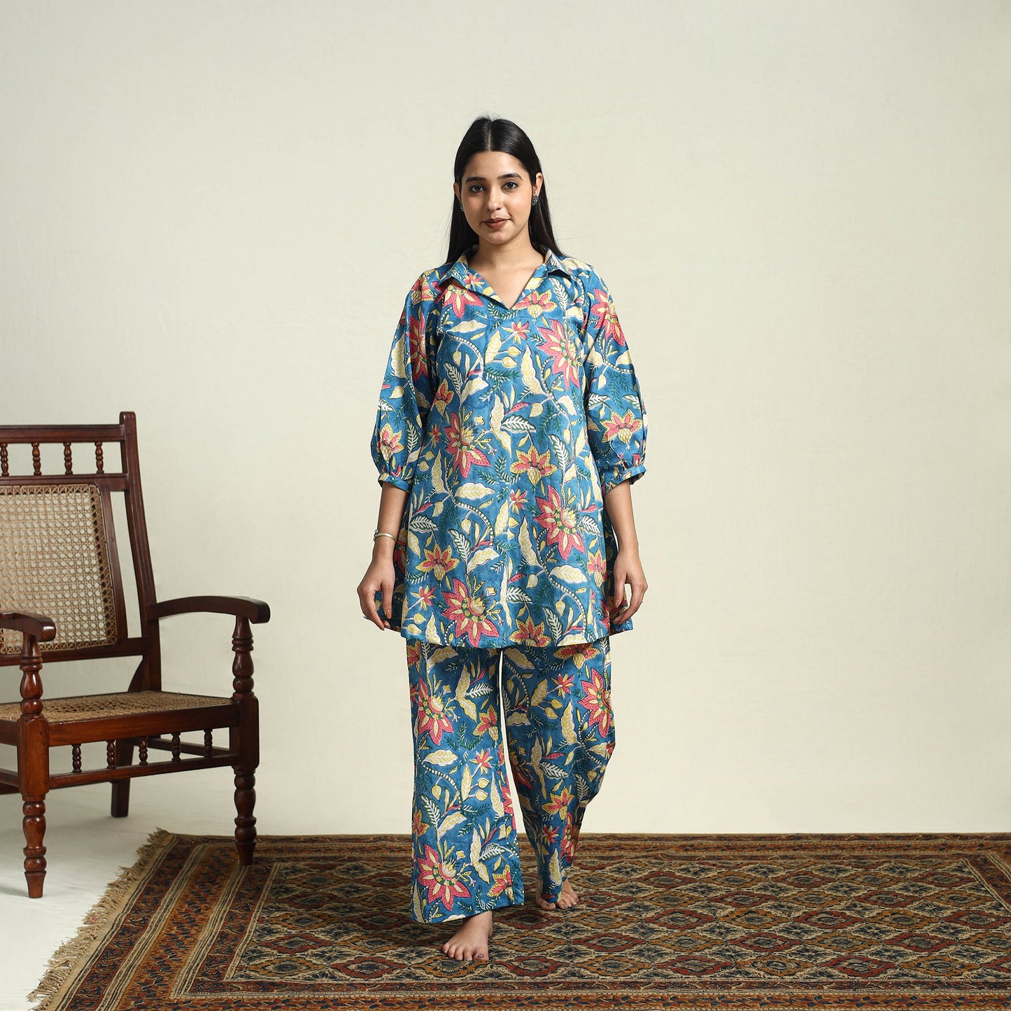 Blue Cotton Sanganeri Block Print Night Suit Set 