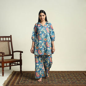 Blue Cotton Sanganeri Block Print Night Suit Set 