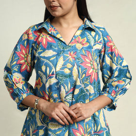 Blue Cotton Sanganeri Block Print Night Suit Set 