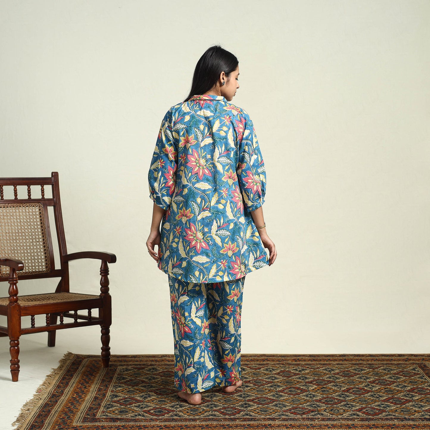 Blue Cotton Sanganeri Block Print Night Suit Set 