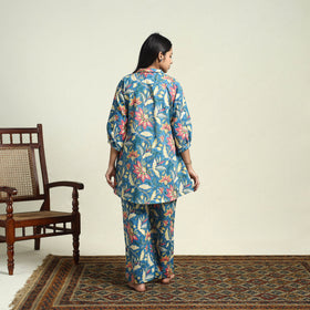 Blue Cotton Sanganeri Block Print Night Suit Set 