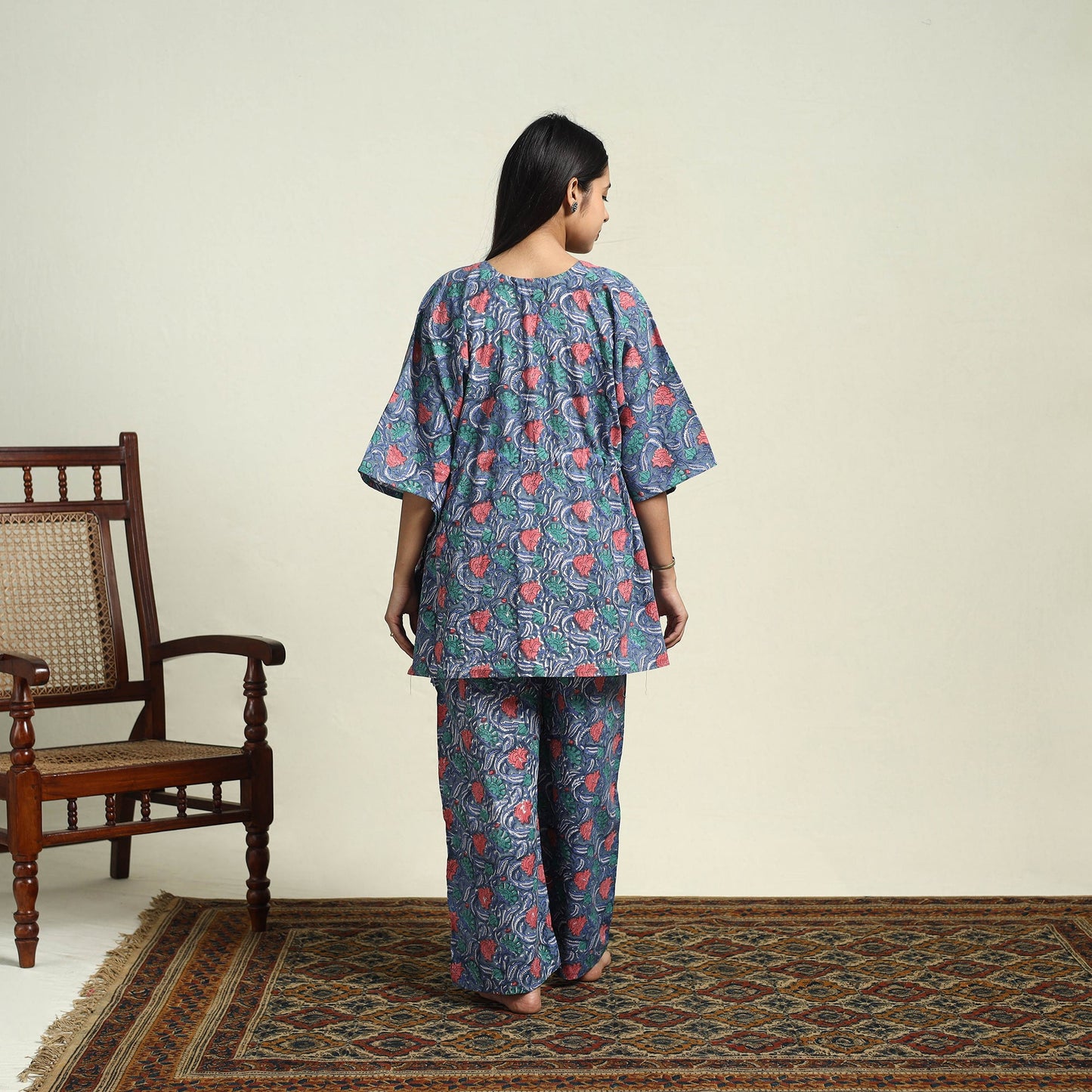Blue Cotton Sanganeri Block Print Night Suit Set 