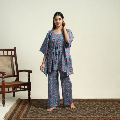 Blue Cotton Sanganeri Block Print Night Suit Set 