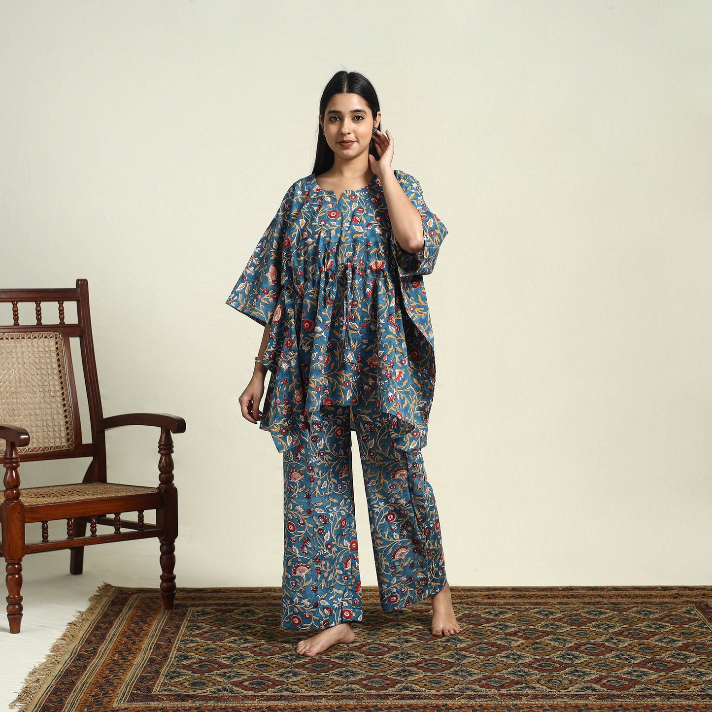 Blue Cotton Sanganeri Block Print Night Suit Set 