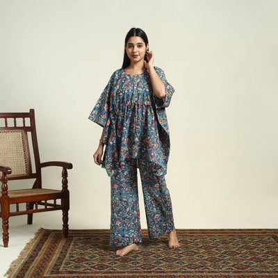 Blue Cotton Sanganeri Block Print Night Suit Set 