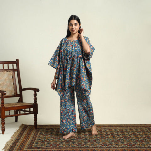 Blue Cotton Sanganeri Block Print Night Suit Set 