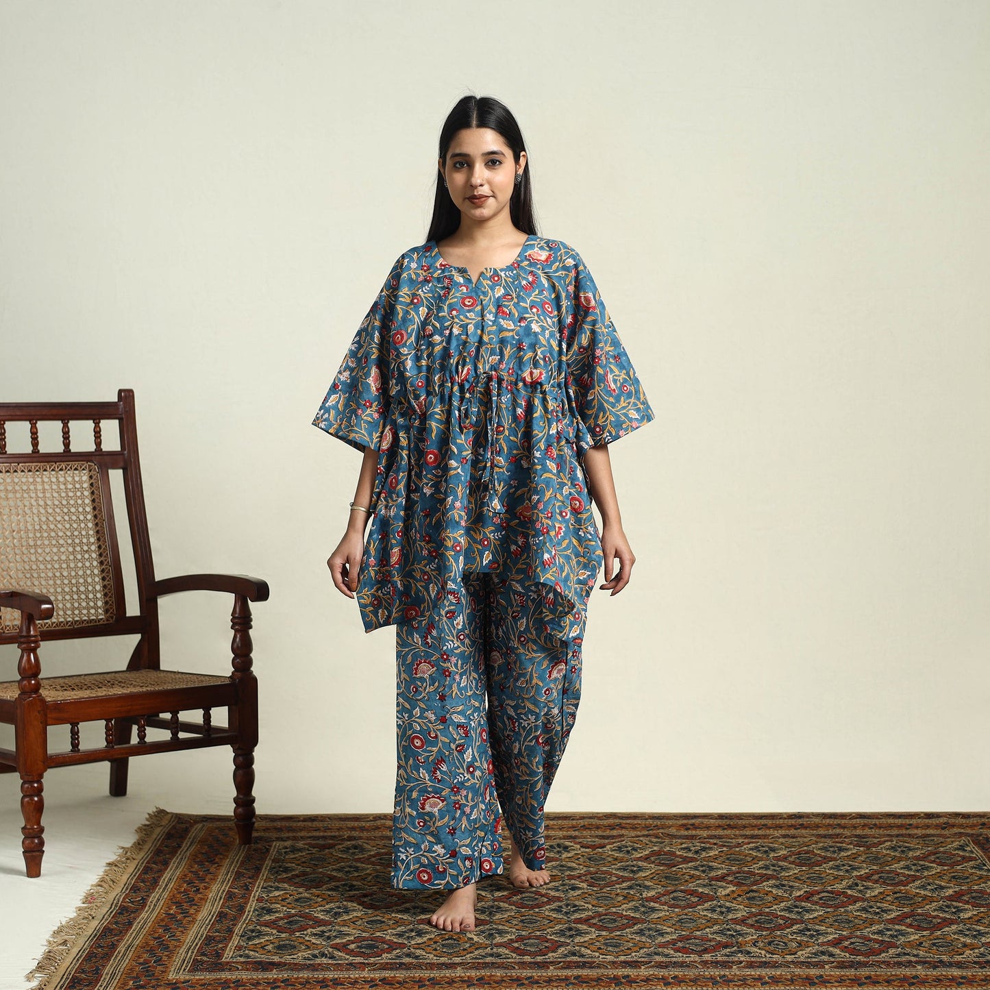 Blue Cotton Sanganeri Block Print Night Suit Set 