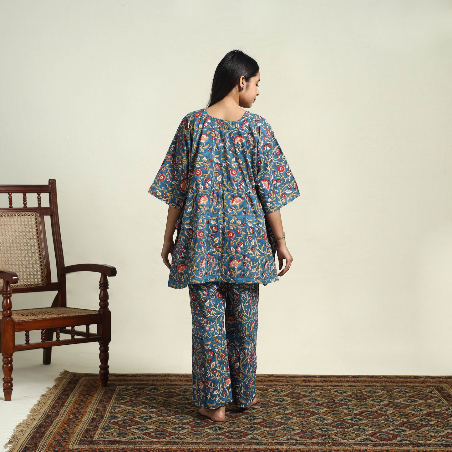 Blue Cotton Sanganeri Block Print Night Suit Set 