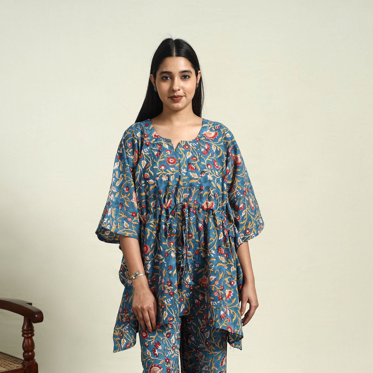 Blue Cotton Sanganeri Block Print Night Suit Set 
