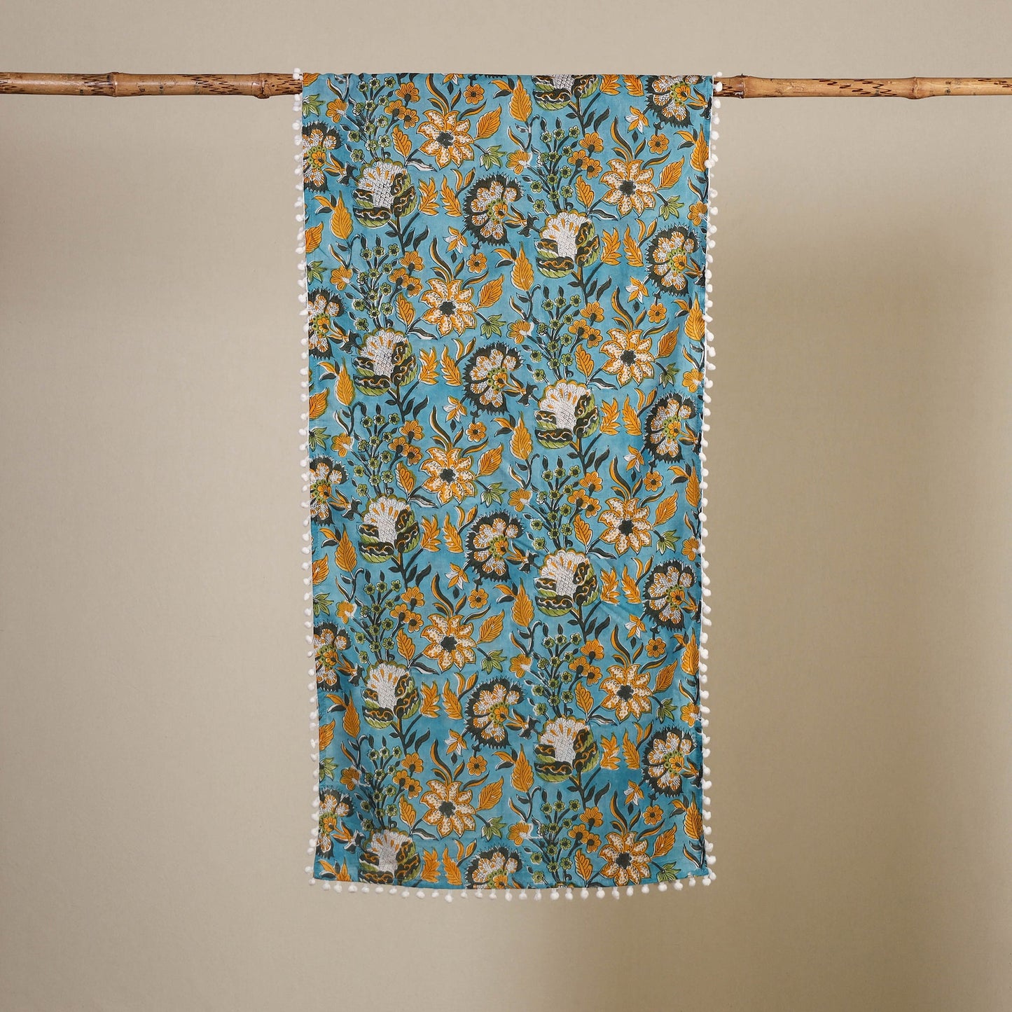 Block Print Cotton Sanganeri Stole with Pom Pom