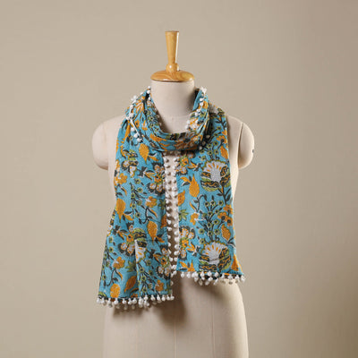 Block Print Cotton Sanganeri Stole with Pom Pom