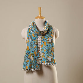 Block Print Cotton Sanganeri Stole with Pom Pom